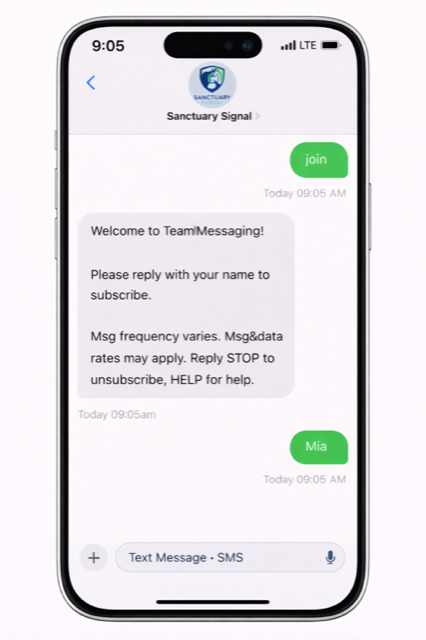 Team member sends JOIN and requests access to Sanctuary Signal TEXT.