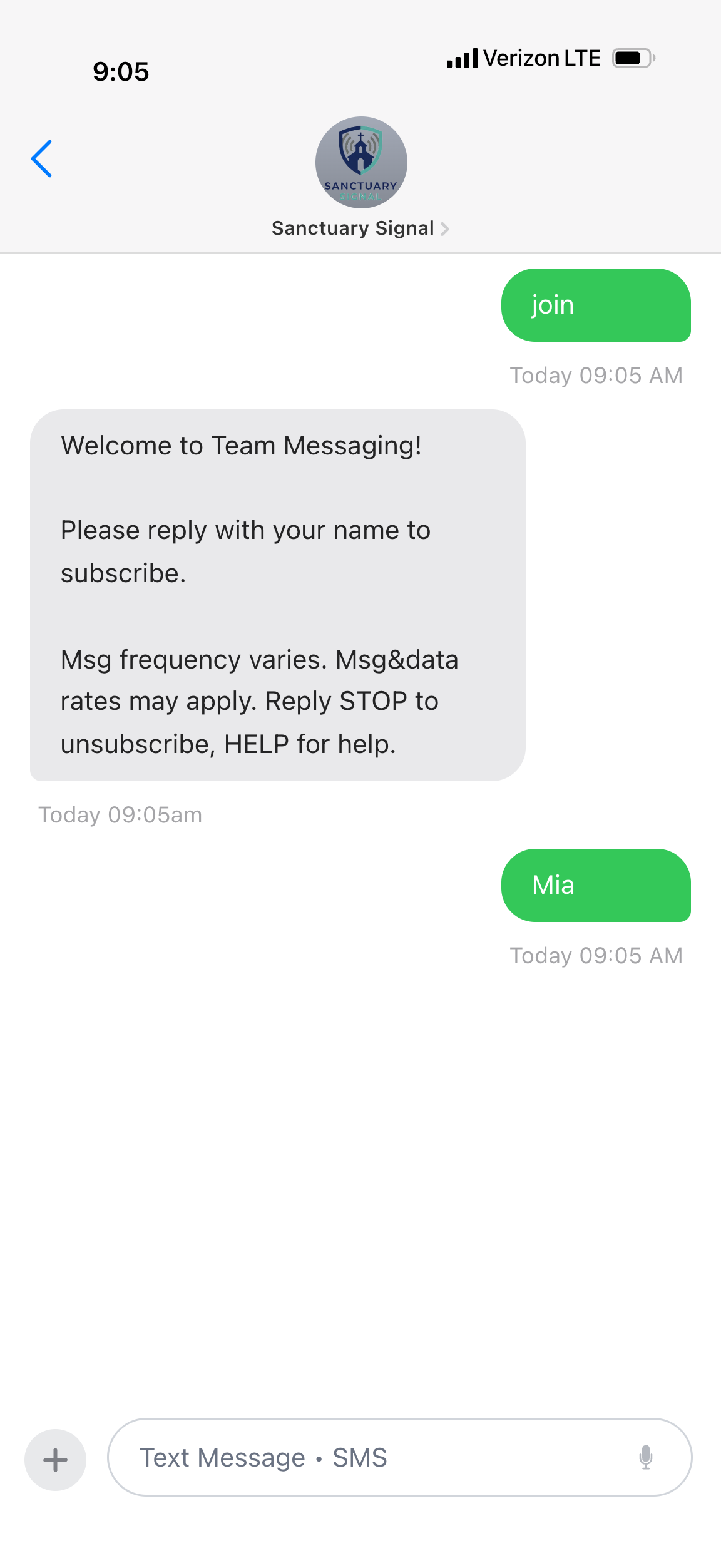 Team member sends JOIN and requests access to Sanctuary Signal TEXT.