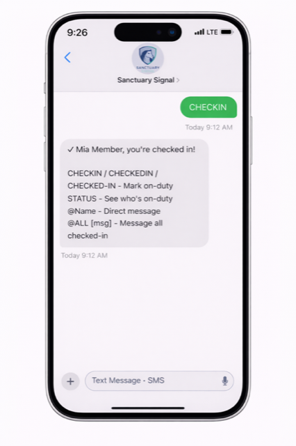 Responder checks in and confirms active duty status in Sanctuary Signal TEXT.