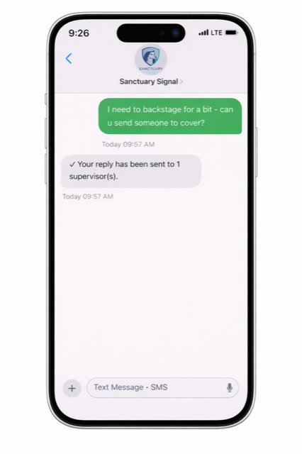 Default message behavior shows responder texting without a command and receiving guidance.