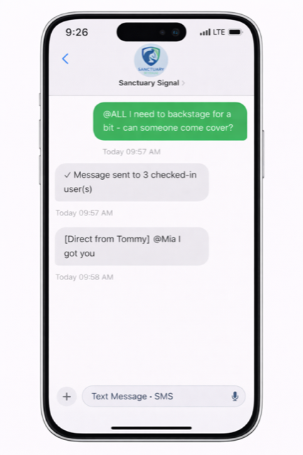 Responder sends a role-based broadcast to all checked-in teammates.