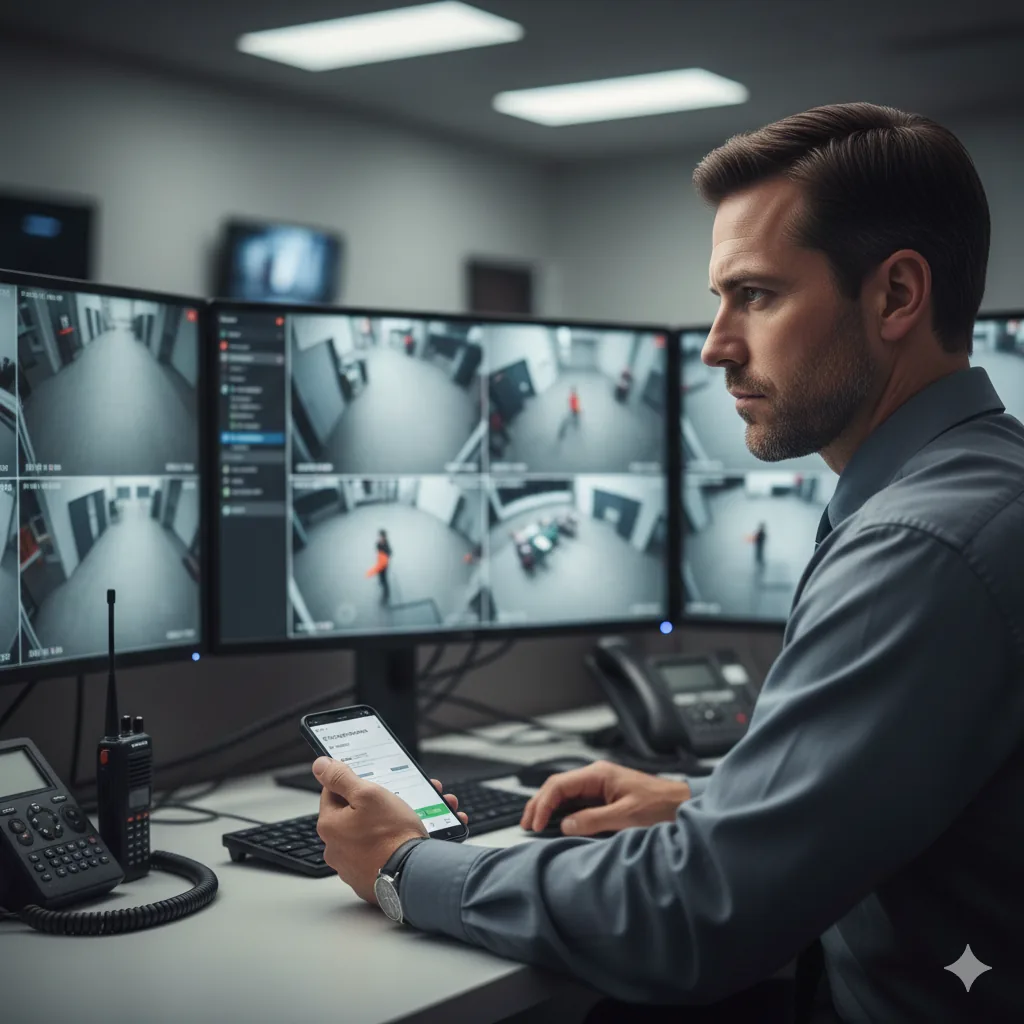 Church security dispatcher coordinating team updates during a worship service.
