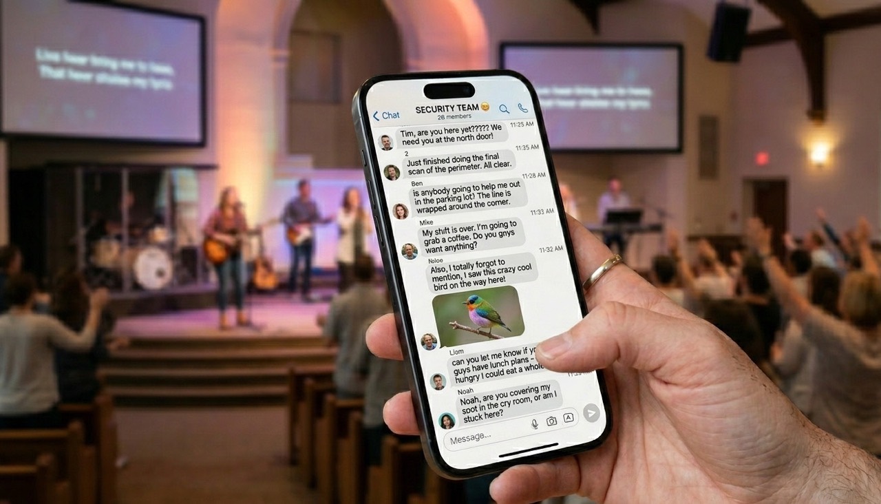 Church attendees using group chat on phones during a worship service