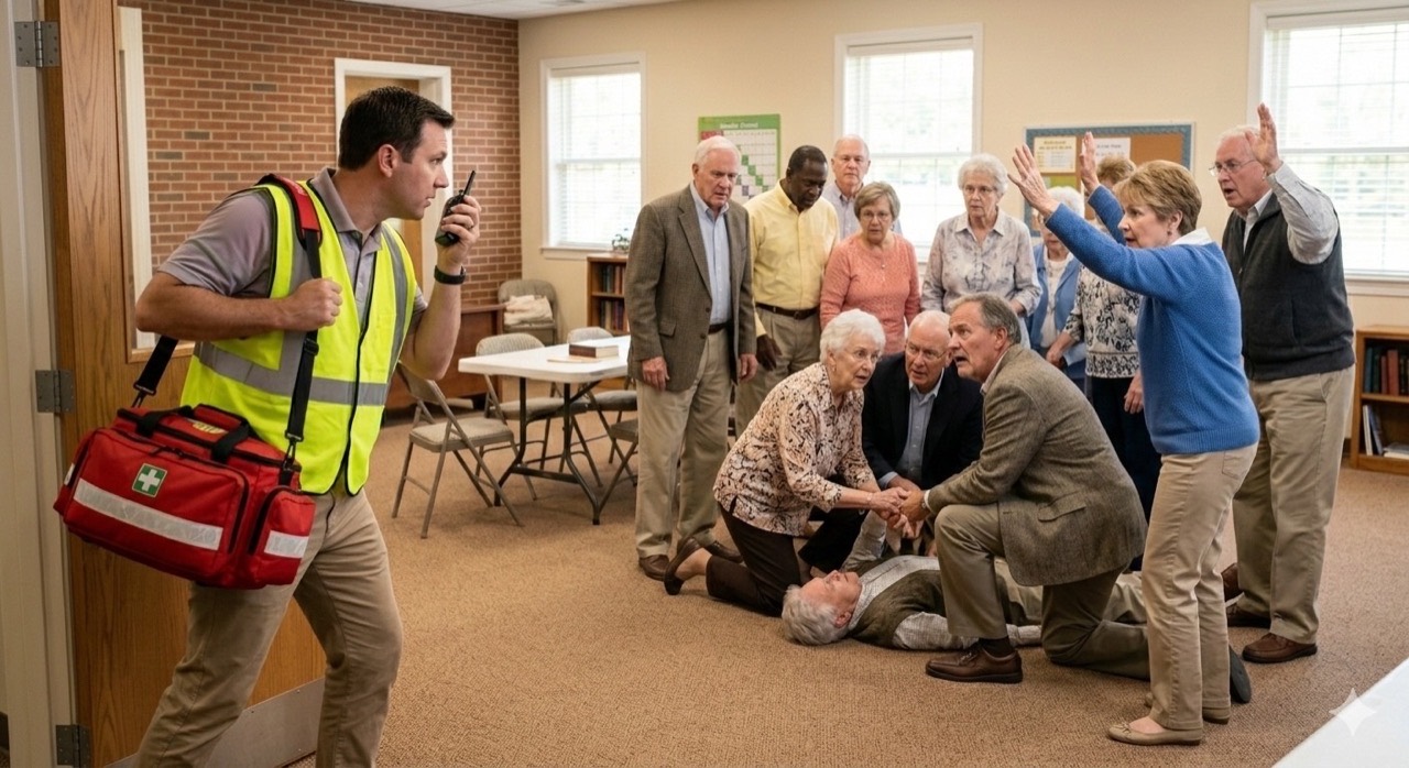 Medical emergency response scenario in a church setting
