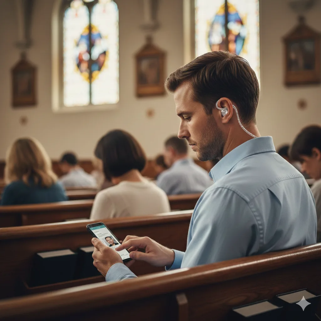 Church safety team member receiving a BOLO alert during service.