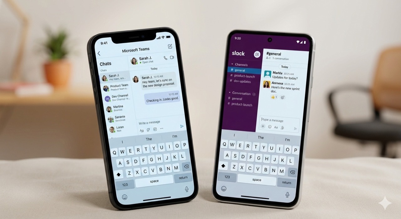 Slack and Microsoft Teams interfaces used for team communication