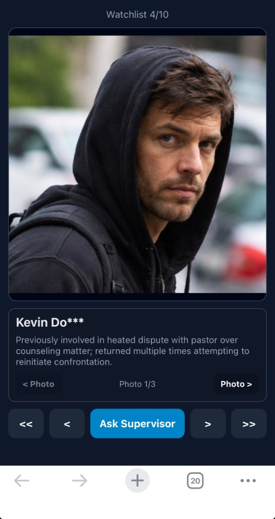 Mobile watchlist entry showing suspect photo, behavior note, and Ask Supervisor button