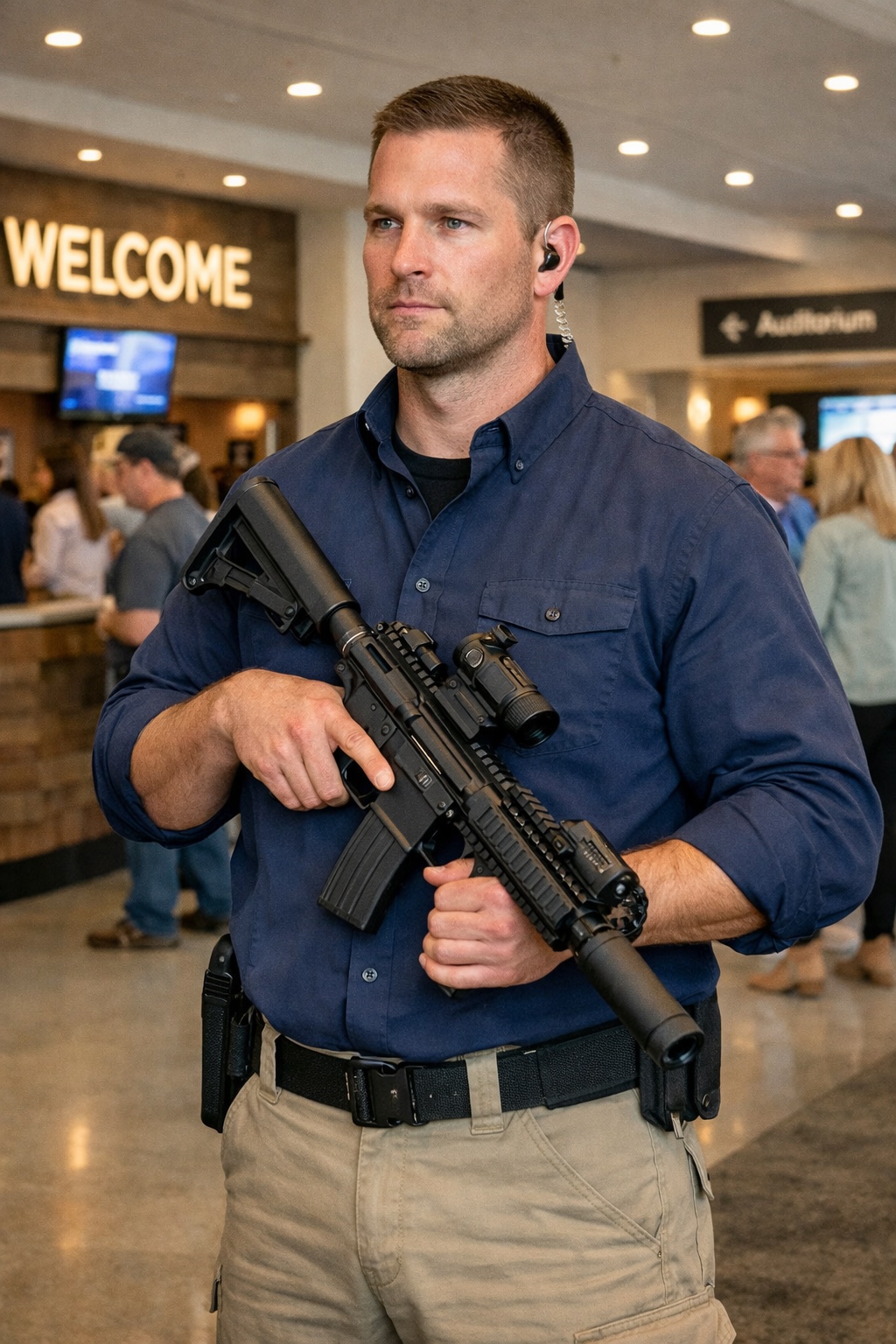 Armed security guard in church lobby (satirical example).