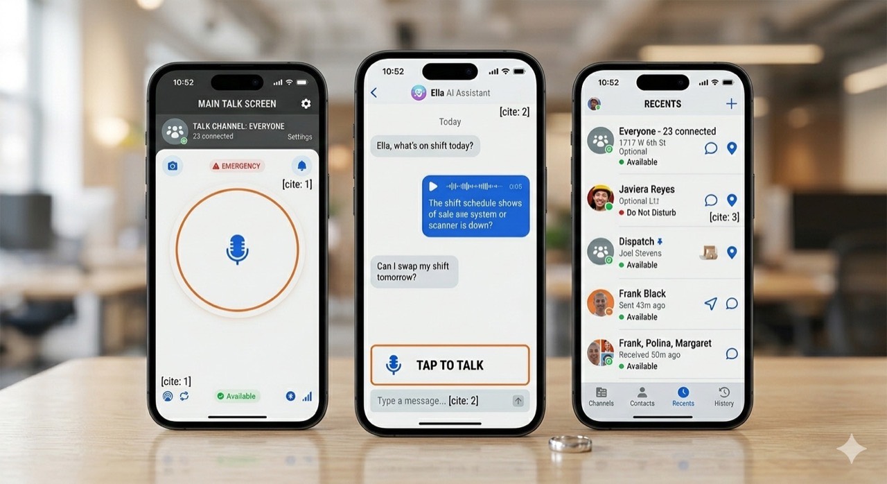 Zello push-to-talk app shown on a mobile phone in a church setting